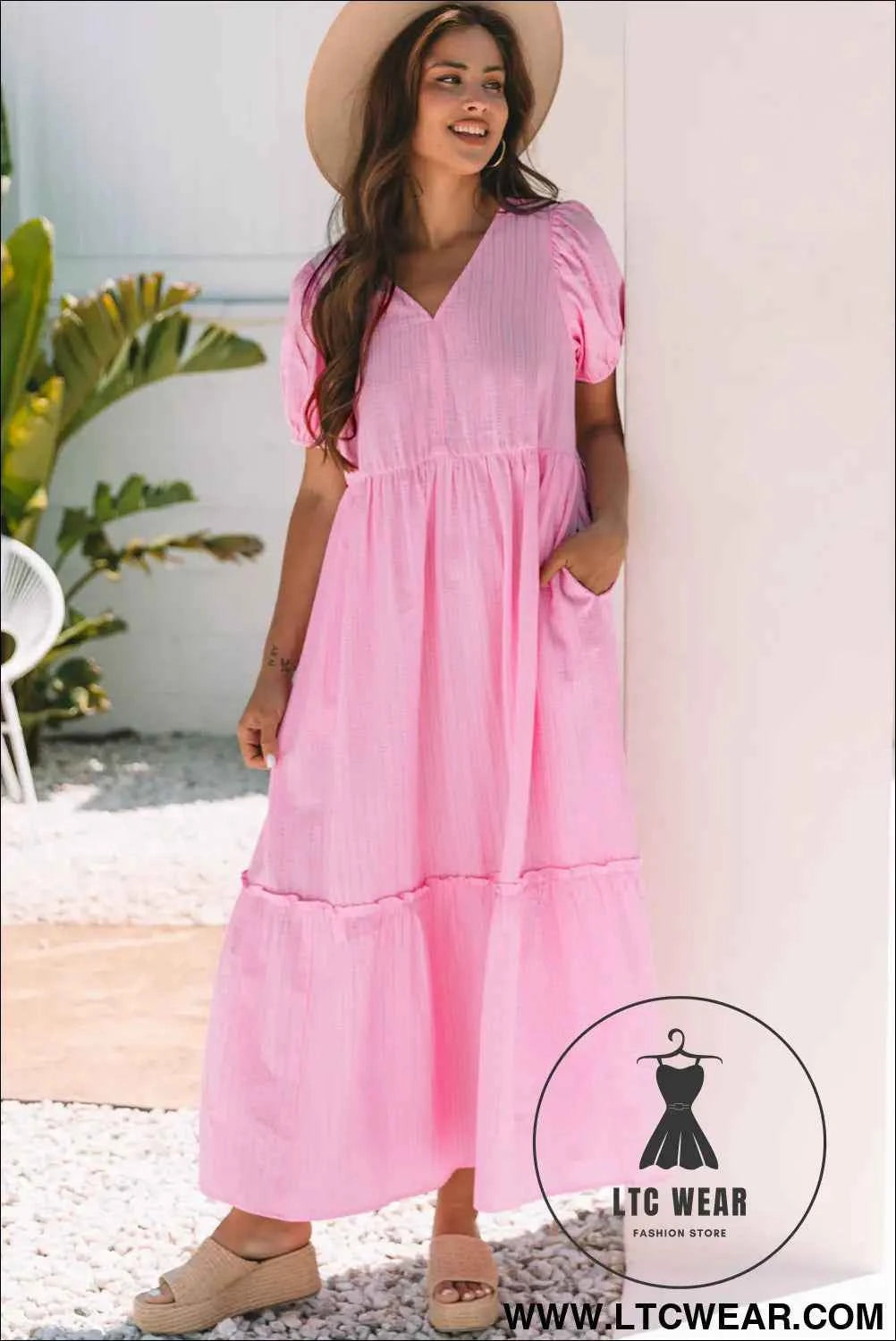 Pink Stripe V Neck Puff Short Sleeve Maxi Dress