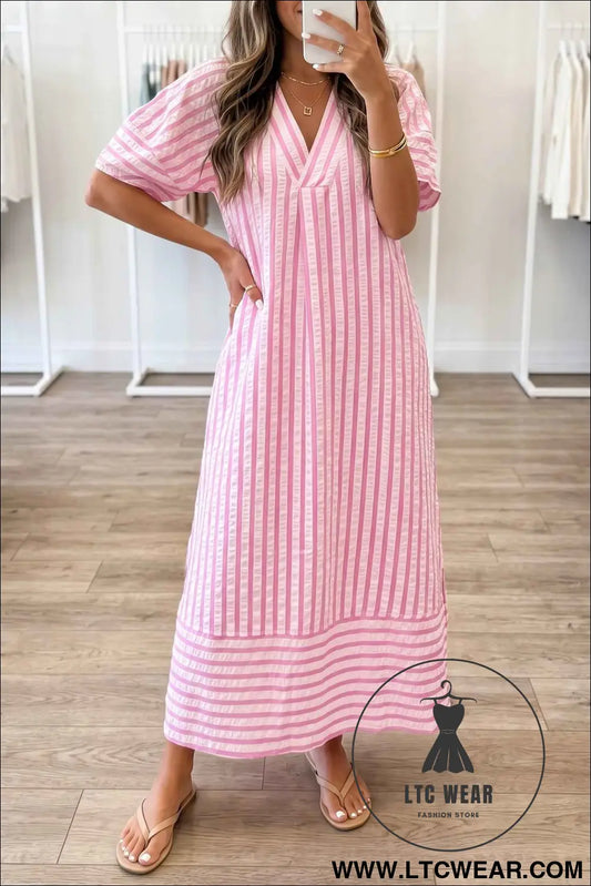 Pink Stripe V Neck Short Sleeve Shift Long Dress