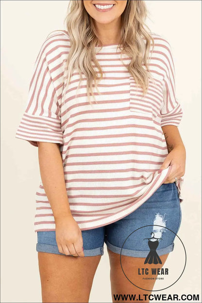 Pink Stripe Waffle Knit Pocket Half Sleeve Plus Size T Shirt