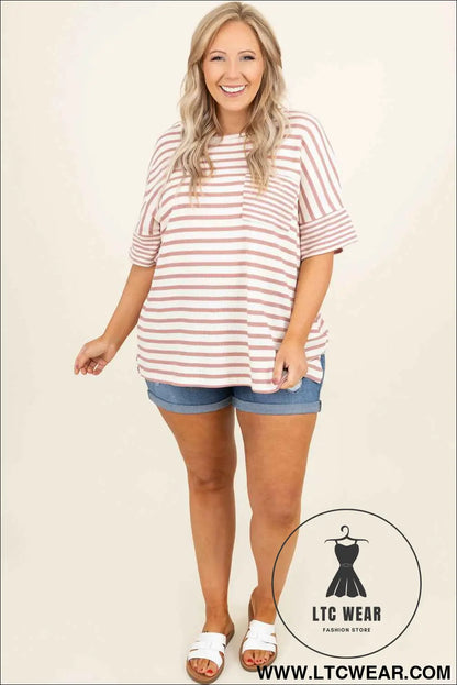 Pink Stripe Waffle Knit Pocket Half Sleeve Plus Size T Shirt