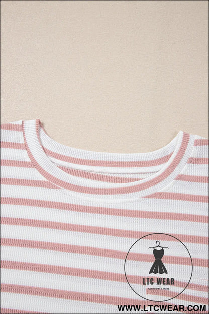 Pink Stripe Waffle Knit Pocket Half Sleeve Plus Size T Shirt - L.T.C Wear Online Fashion Store