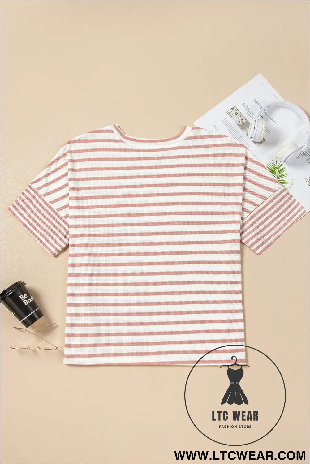 Pink Stripe Waffle Knit Pocket Half Sleeve Plus Size T Shirt - L.T.C Wear Online Fashion Store