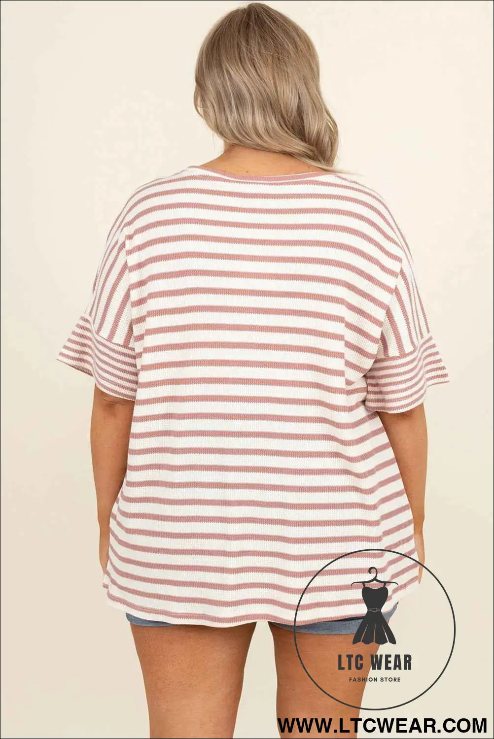 Pink Stripe Waffle Knit Pocket Half Sleeve Plus Size T Shirt