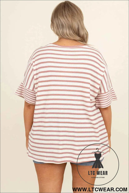 Pink Stripe Waffle Knit Pocket Half Sleeve Plus Size T Shirt