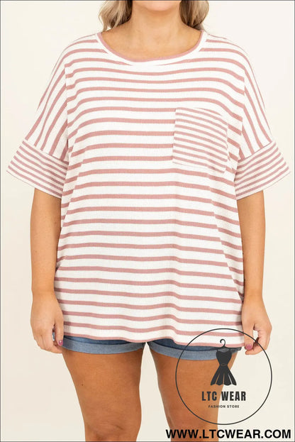 Pink Stripe Waffle Knit Pocket Half Sleeve Plus Size T Shirt - L.T.C Wear Online Fashion Store