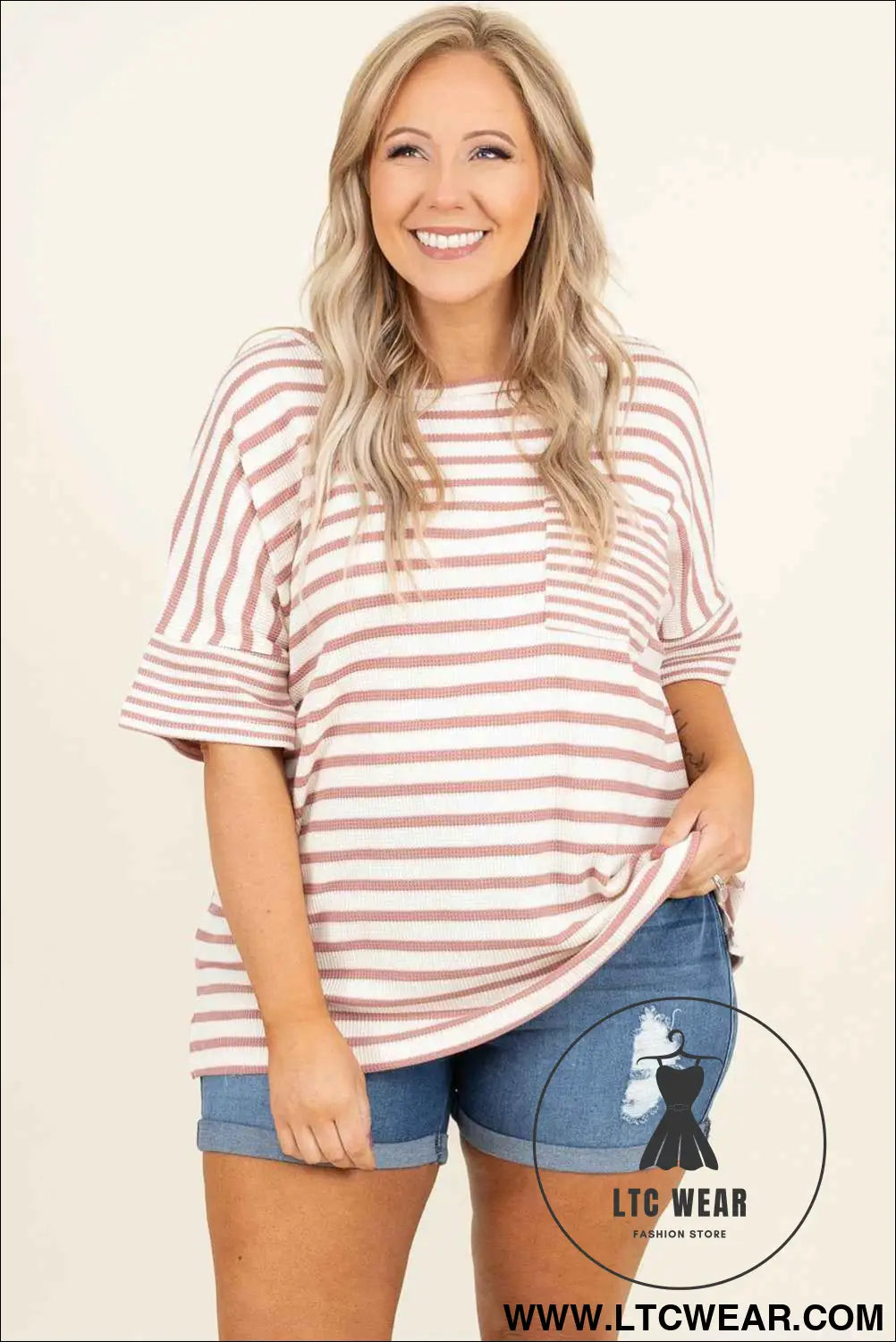 Pink Stripe Waffle Knit Pocket Half Sleeve Plus Size T Shirt