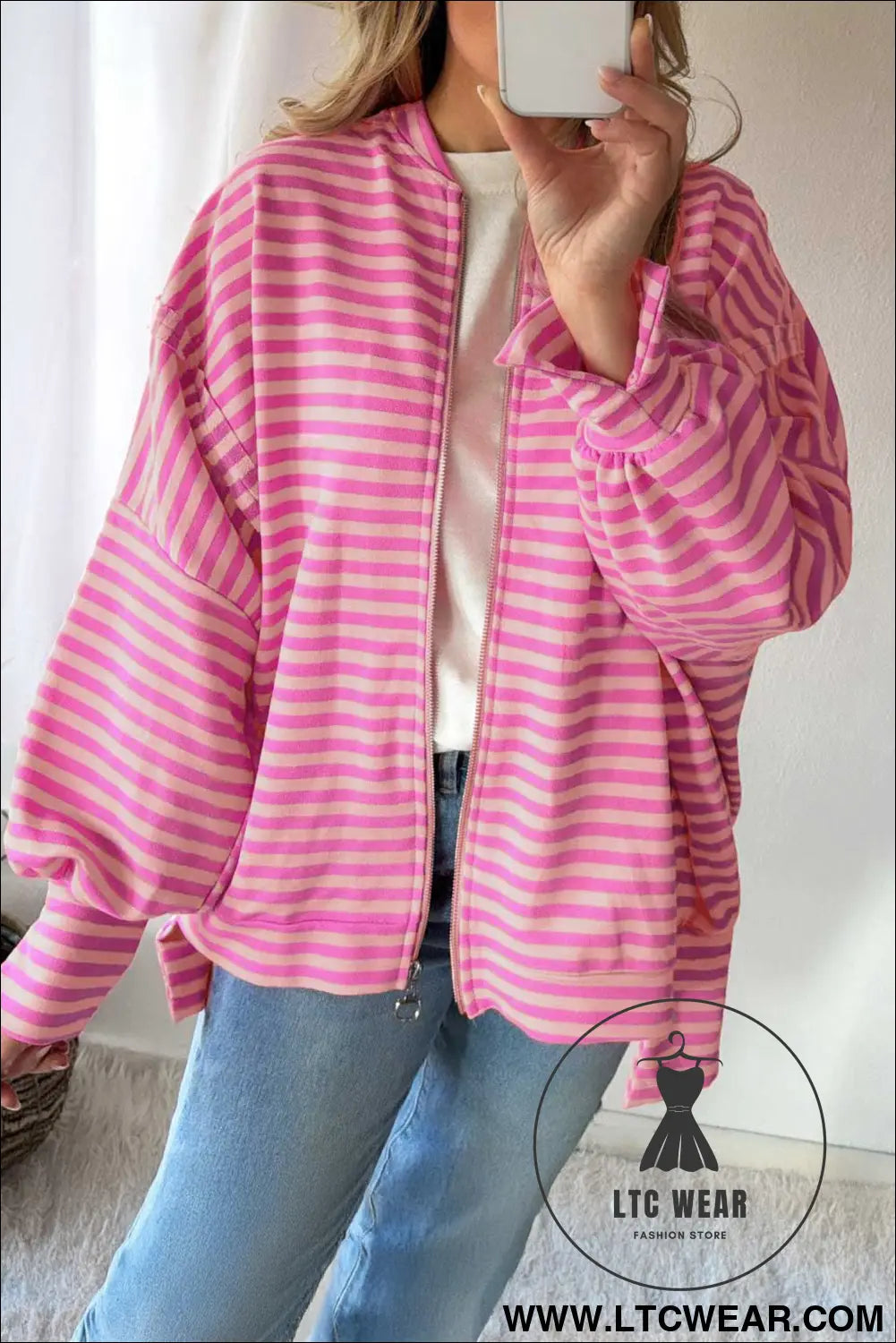 Pink Stripe Zip-up Puff Sleeve Zip Jacket Sweatshirt
