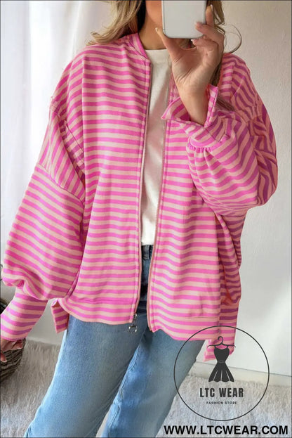 Pink Stripe Zip-up Puff Sleeve Zip Jacket Sweatshirt