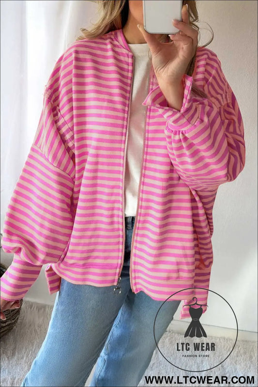Pink Stripe Zip-up Puff Sleeve Zip Jacket Sweatshirt