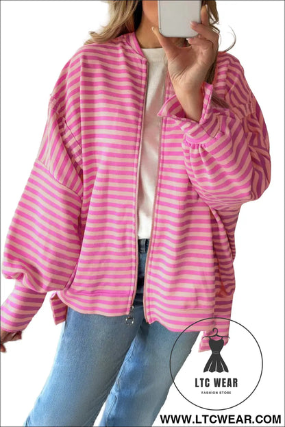 Pink Stripe Zip-up Puff Sleeve Zip Jacket Sweatshirt