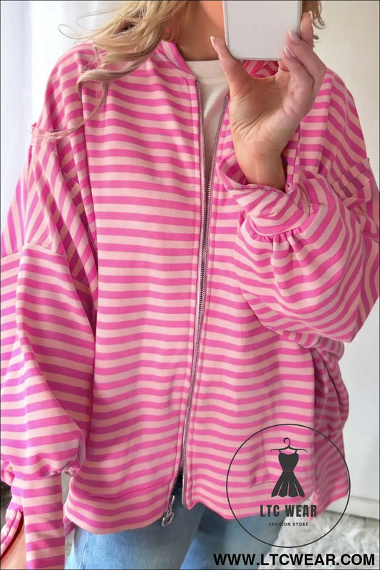 Pink Stripe Zip-up Puff Sleeve Zip Jacket Sweatshirt