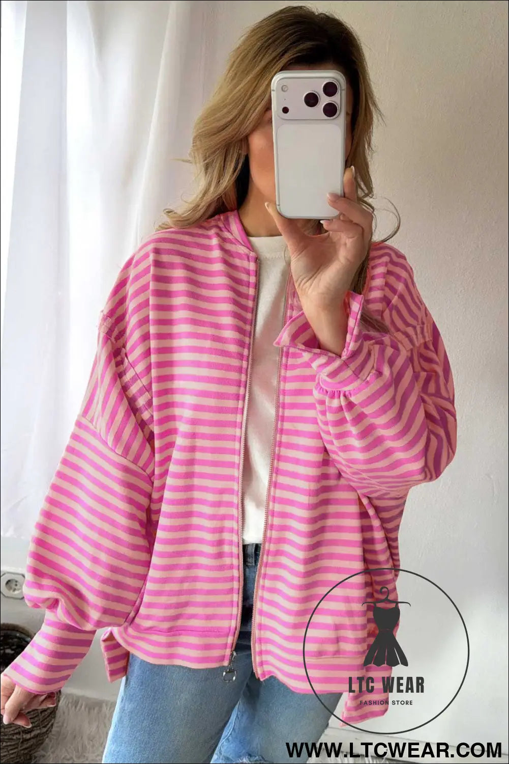 Pink Stripe Zip-up Puff Sleeve Zip Jacket Sweatshirt