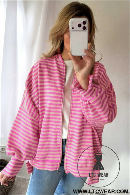 Pink Stripe Zip-up Puff Sleeve Zip Jacket Sweatshirt