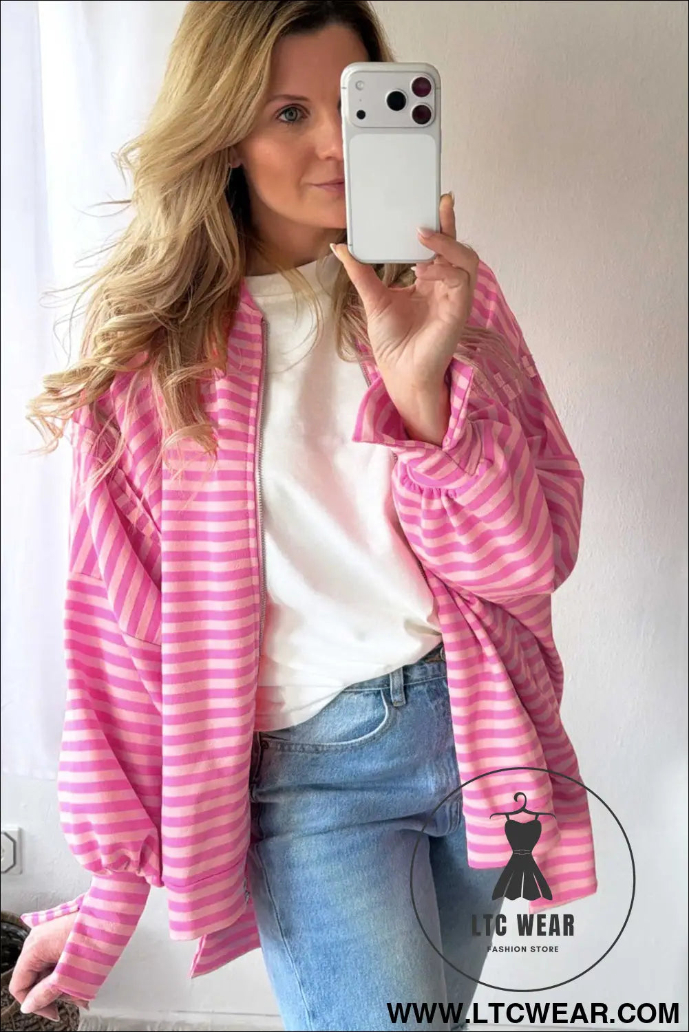 Pink Stripe Zip-up Puff Sleeve Zip Jacket Sweatshirt
