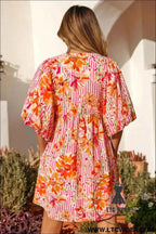 Pink Striped Floral Print Tie Neck Puff Sleeve Loose Mini Dress