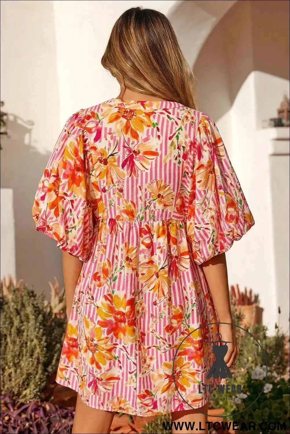 Pink Striped Floral Print Tie Neck Puff Sleeve Loose Mini Dress