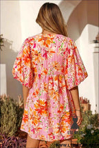 Pink Striped Floral Print Tie Neck Puff Sleeve Loose Mini Dress