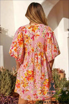 Pink Striped Floral Print Tie Neck Puff Sleeve Loose Mini Dress