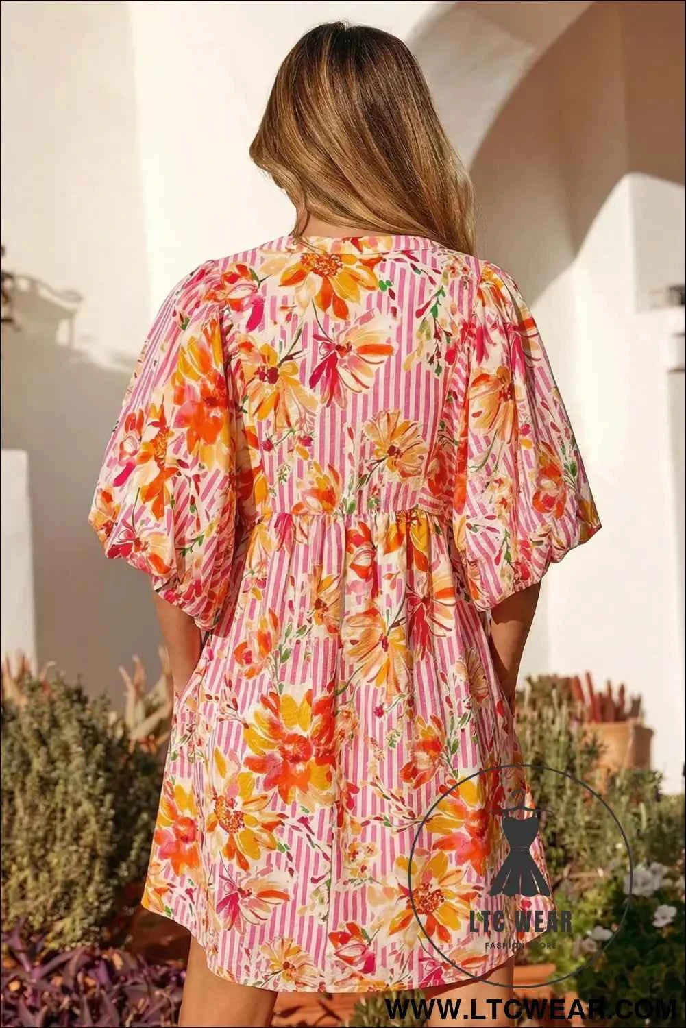 Pink Striped Floral Print Tie Neck Puff Sleeve Loose Mini Dress