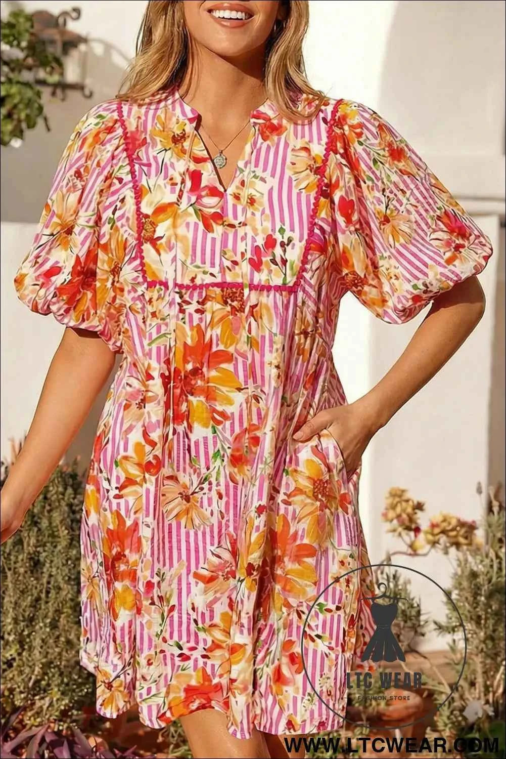 Pink Striped Floral Print Tie Neck Puff Sleeve Loose Mini Dress