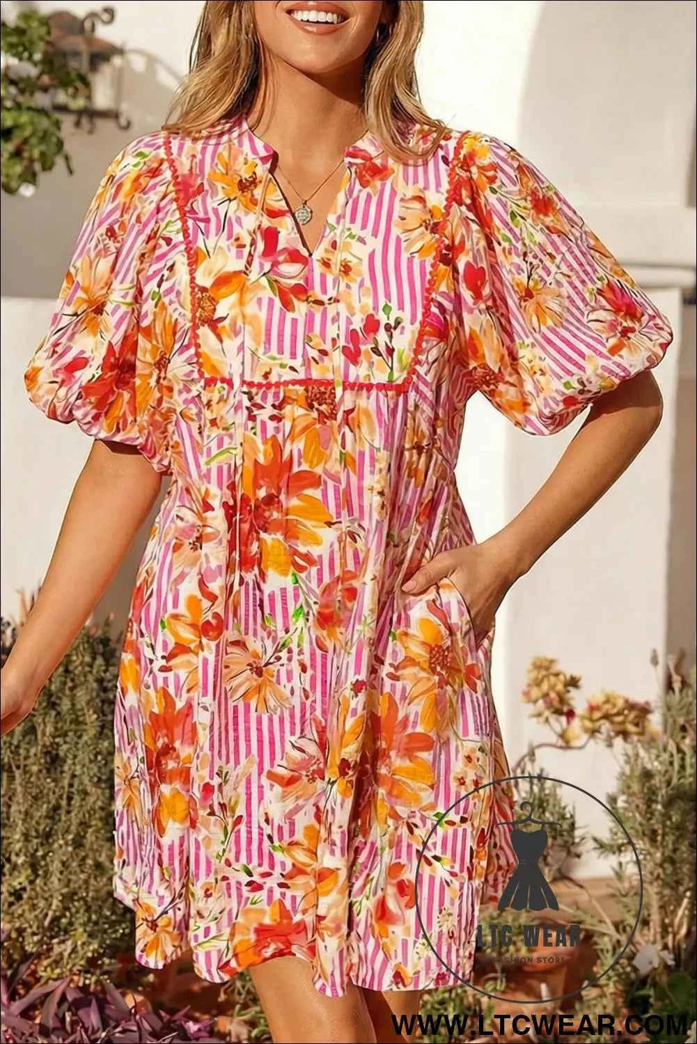 Pink Striped Floral Print Tie Neck Puff Sleeve Loose Mini Dress