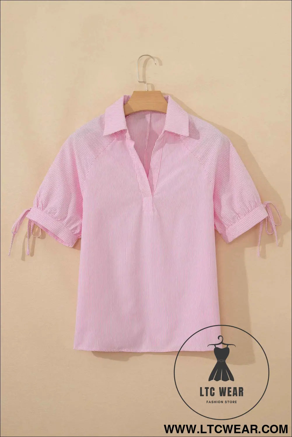 Pink Striped Print Collared Split Neck Half Sleeve Blouse