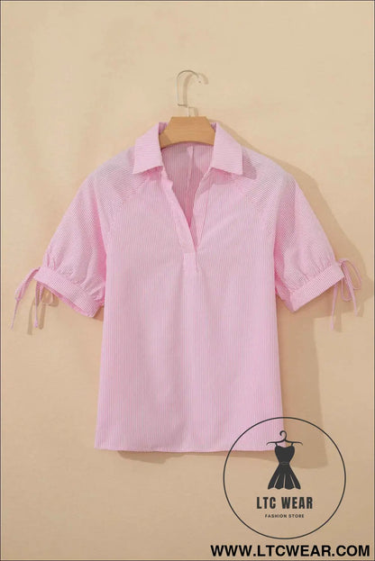 Pink Striped Print Collared Split Neck Half Sleeve Blouse
