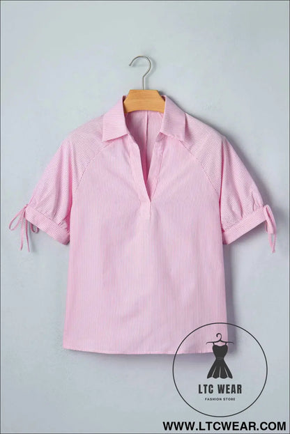 Pink Striped Print Collared Split Neck Half Sleeve Blouse