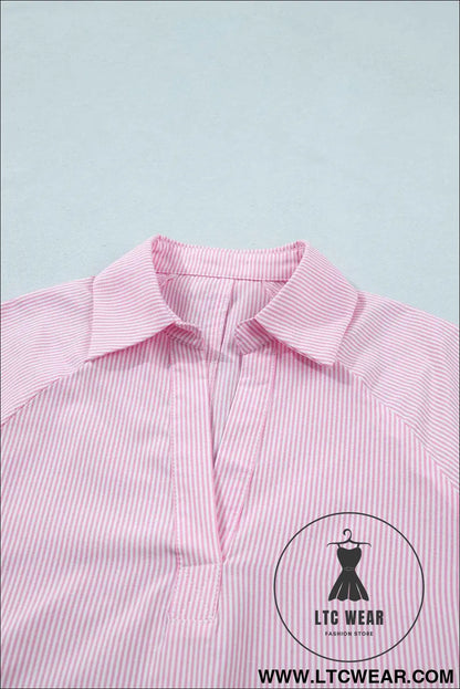 Pink Striped Print Collared Split Neck Half Sleeve Blouse