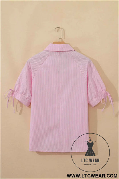 Pink Striped Print Collared Split Neck Half Sleeve Blouse