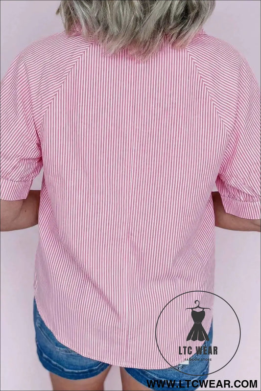 Pink Striped Print Collared Split Neck Half Sleeve Blouse