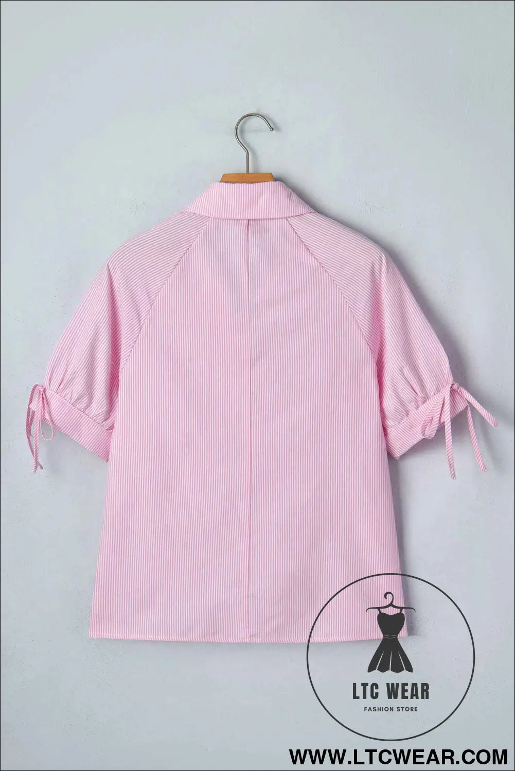 Pink Striped Print Collared Split Neck Half Sleeve Blouse