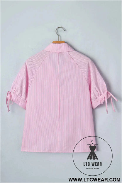 Pink Striped Print Collared Split Neck Half Sleeve Blouse