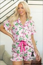 Pink striped strawberry print lapel shirt drawstring shorts 2pcs pajama set - sleepwear