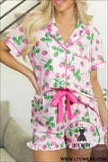 Pink striped strawberry print lapel shirt drawstring shorts 2pcs pajama set - pink / l / 95% polyester + 5% elastane