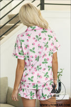 Pink striped strawberry print lapel shirt drawstring shorts 2pcs pajama set - sleepwear