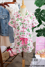 Pink striped strawberry print lapel shirt drawstring shorts 2pcs pajama set - sleepwear