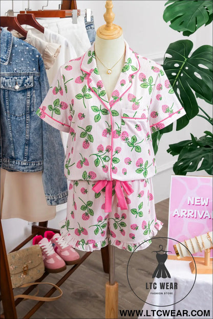 Pink striped strawberry print lapel shirt drawstring shorts 2pcs pajama set - sleepwear