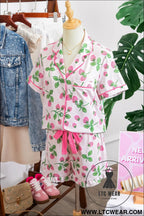 Pink striped strawberry print lapel shirt drawstring shorts 2pcs pajama set - sleepwear
