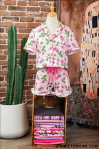 Pink striped strawberry print lapel shirt drawstring shorts 2pcs pajama set - sleepwear