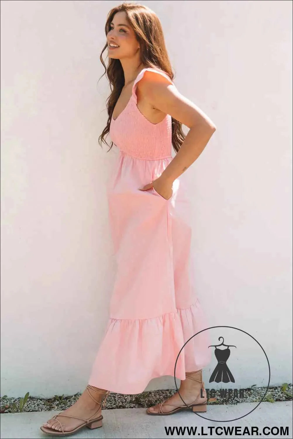 Pink V Neck Flutter Sleeve Smocked Bodice High Waist Ruffle Maxi Dress