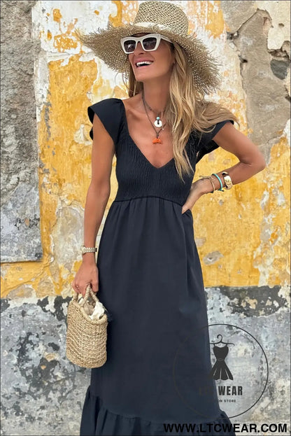 Pink V Neck Flutter Sleeve Smocked Bodice High Waist Ruffle Maxi Dress - L.T.C Wear Online Fashion Store
