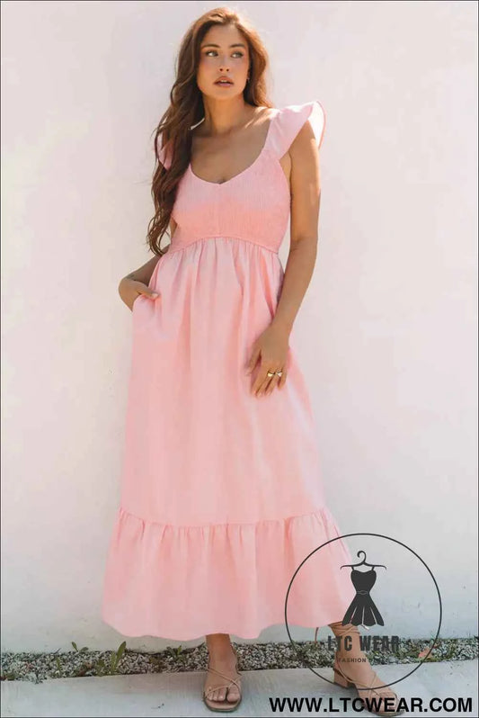 Pink V Neck Flutter Sleeve Smocked Bodice High Waist Ruffle Maxi Dress