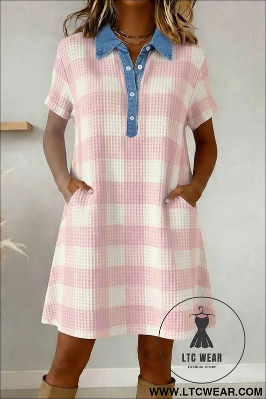Pink Waffle Plaid Print Contrast Denim Shirt Collar Buttoned T Shirt Mini Dress