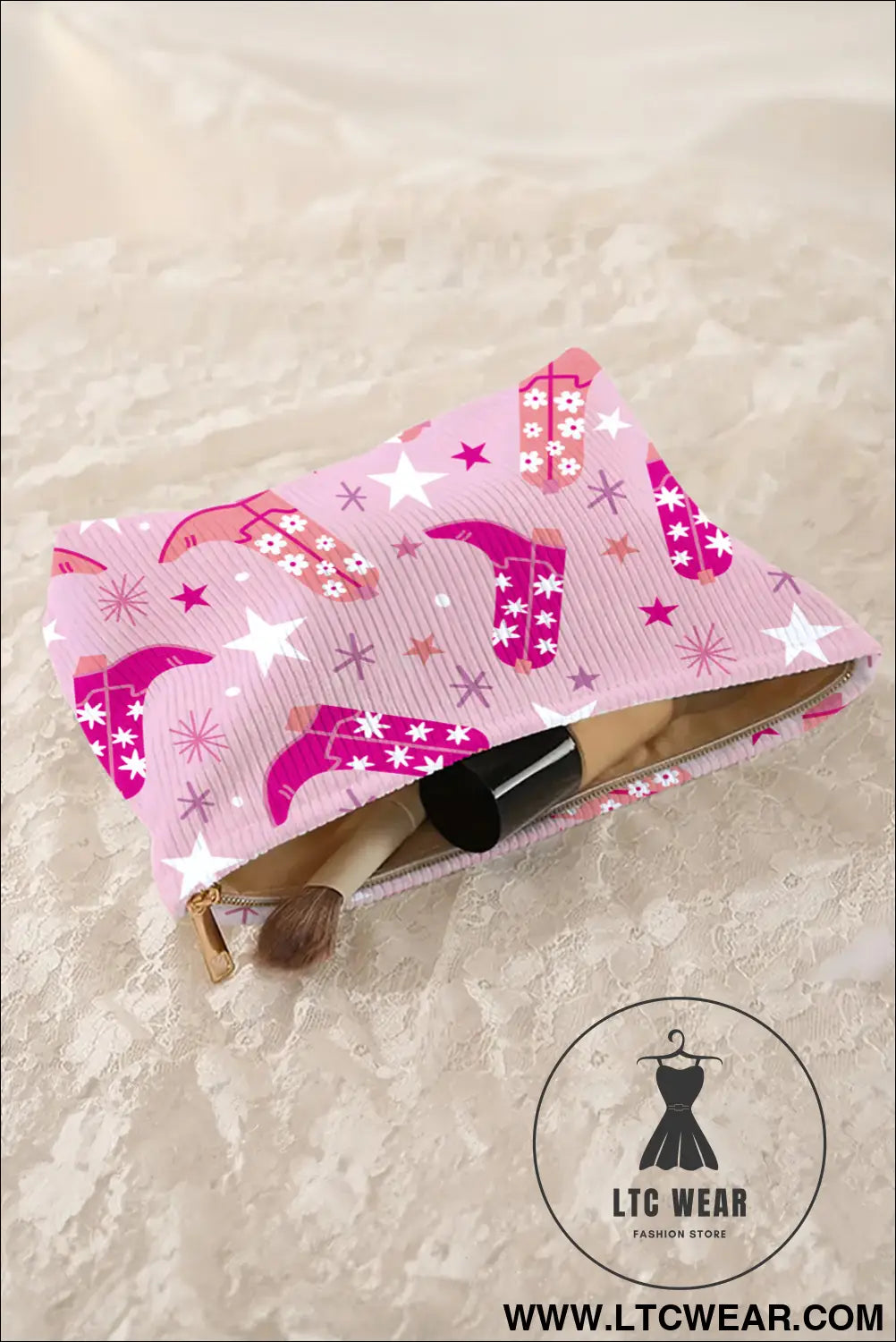 Pink western cowboy boots print corduroy makeup bag - pink / one size / 95% pu + 5% alloy - makeup bags