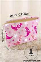 Pink western cowboy boots print corduroy makeup bag - pink / one size / 95% pu + 5% alloy - makeup bags
