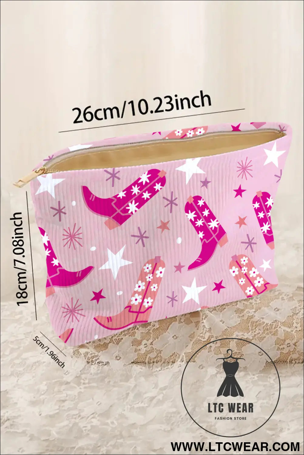 Pink western cowboy boots print corduroy makeup bag - pink / one size / 95% pu + 5% alloy - makeup bags