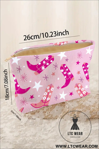 Pink western cowboy boots print corduroy makeup bag - pink / one size / 95% pu + 5% alloy - makeup bags