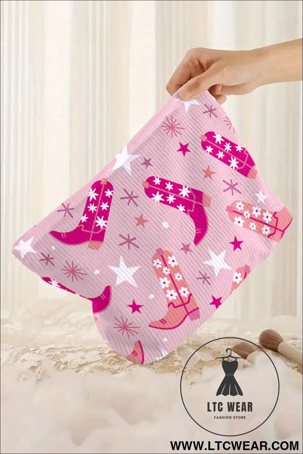 Pink western cowboy boots print corduroy makeup bag - pink / one size / 95% pu + 5% alloy - makeup bags