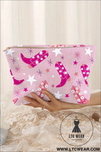 Pink western cowboy boots print corduroy makeup bag - pink / one size / 95% pu + 5% alloy - makeup bags